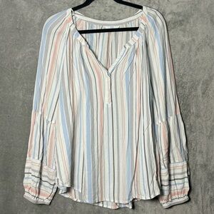 Time and Tru XXL 2X Shirt Top Blue Striped Balloon Long Sleeve V Neck Knit